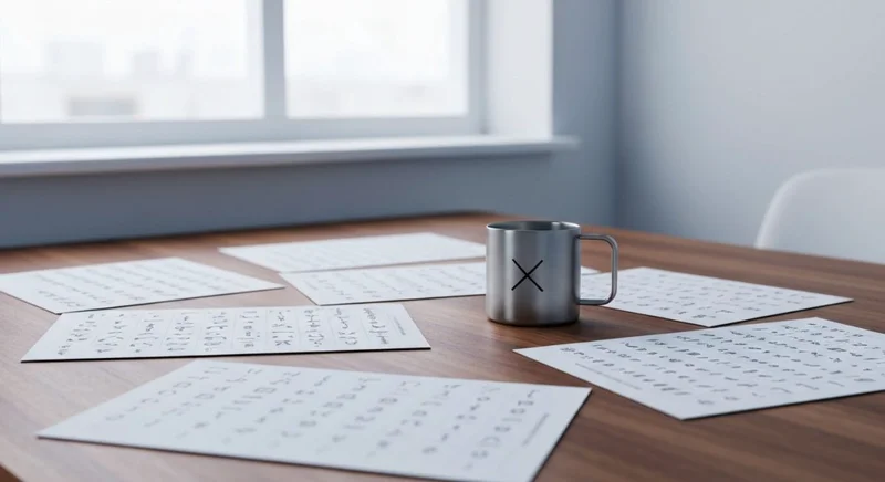 Mesa de diseñador con muestras tipográficas y taza logo X