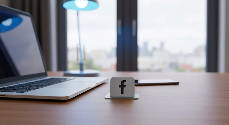 Mesa de escritorio con portátil teléfono móvil y posavasos logo Facebook
