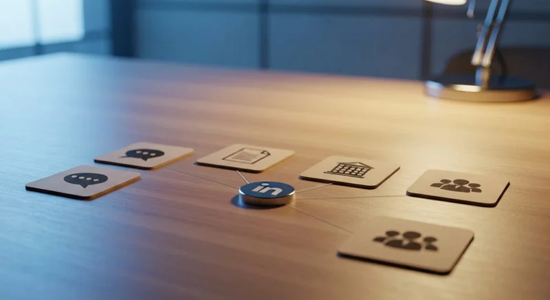Mesa de madera limpia con tarjetas conectadas al centro LinkedIn