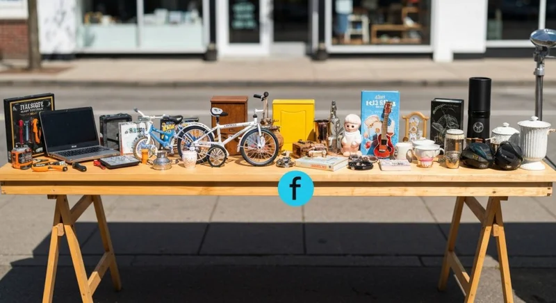 Mesa de mercado de madera con 15 articulos y etiqueta f
