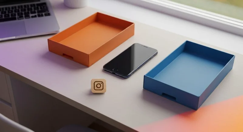 Mesa de oficina bandejas naranja azul telefono entre ellas Instagram