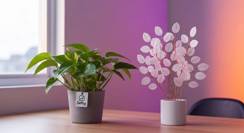 Mesa minimalista con macetas pothos real y escultura artificial Zefoy