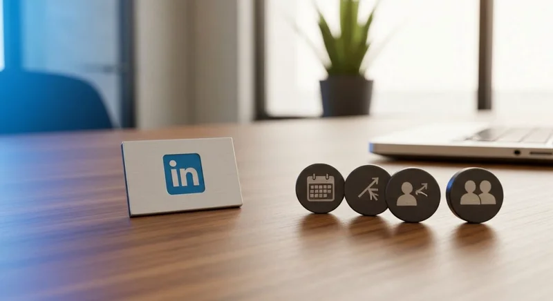 Mesa minimalista con placa LinkedIn y tres fichas con glifos