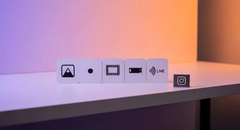 Mesa minimalista con tarjetas Instagram feed Stories Reels En vivo