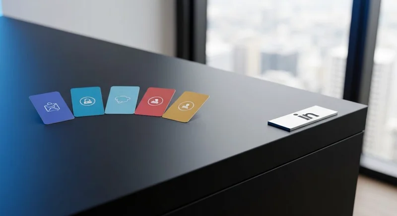 Mesa negra minimalista con cuatro tarjetas brillantes simbolizando LinkedIn Premium