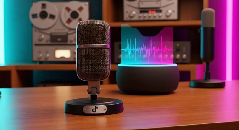 Micrófono vintage con base grabada TikTok y altavoz inteligente iluminado