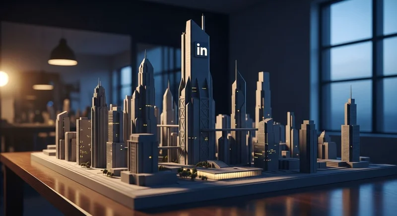 Modelo arquitectónico de ciudad futurista con logo de LinkedIn