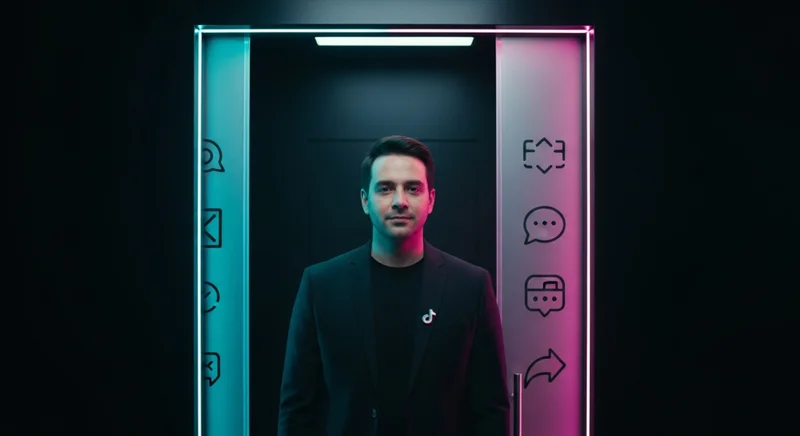 Moderador de TikTok con blazer frente a puerta de comentarios