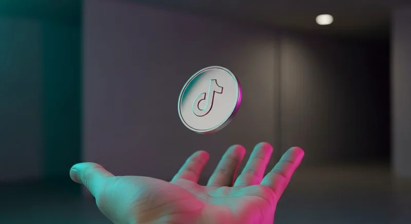 Moneda metálica pulida con logo de TikTok en mano abierta