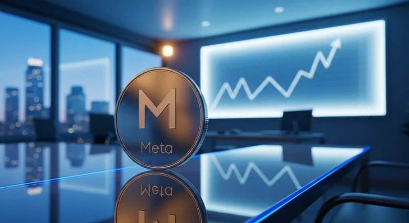 Moneda metalizada con logo Meta sobre escritorio de vidrio moderno