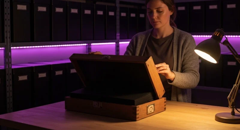 Mujer con cárdigan abre caja de memoria de madera Instagram