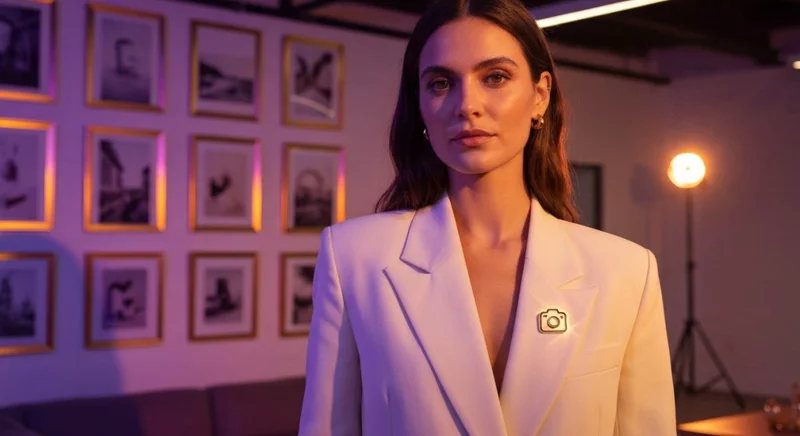 Mujer elegante con blazer crema y pin dorado de Instagram