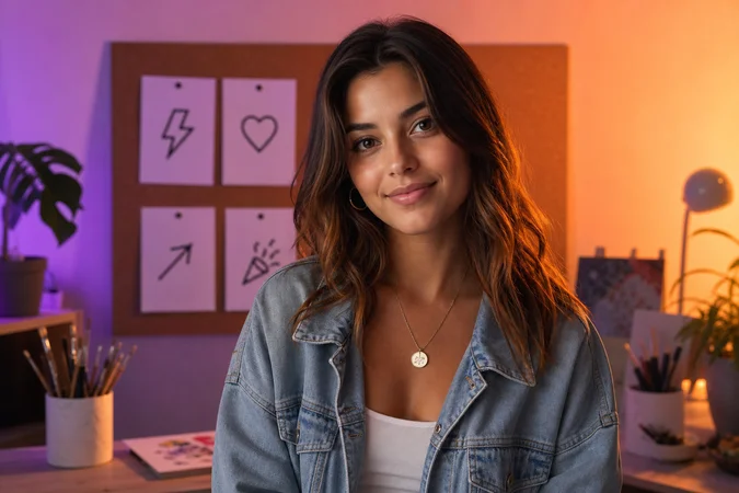 Mujer joven en estudio con collar denim y logotipo minimalista