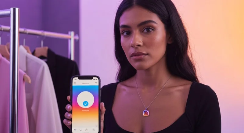 Mujer latina moda en estudio con teléfono perfil verificado Instagram