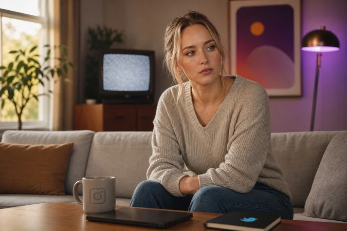 Mujer parecida a Jennifer Lawrence en sala minimalista taza Instagram
