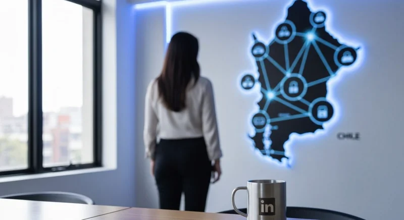 Mujer profesional coworking Santiago frente mapa Chile luminoso LinkedIn taza