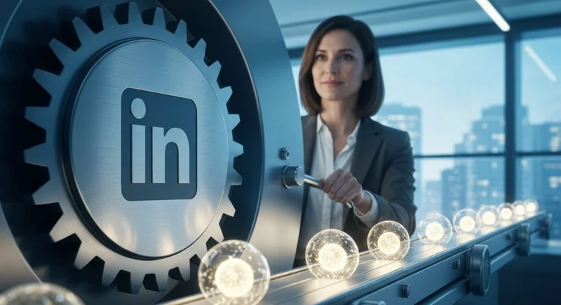 Mujer profesional en taller futurista accionando una palanca logo LinkedIn