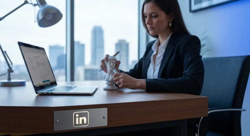 Mujer profesional esculpe busto de mármol con logo LinkedIn