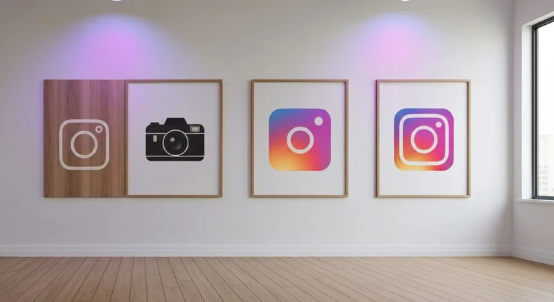 Mural de galería con tres paneles mostrando evolución logotipo Instagram