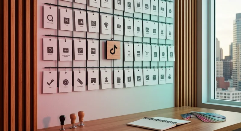 Mural moderno con tarjetas de nombre y logotipo TikTok centrado