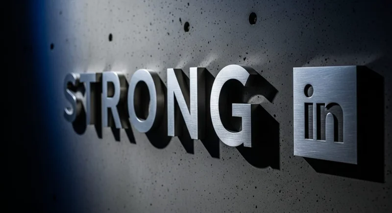 Muro de hormigón oscuro con palabra STRONG en metálico tridimensional destacado y logo de LinkedIn