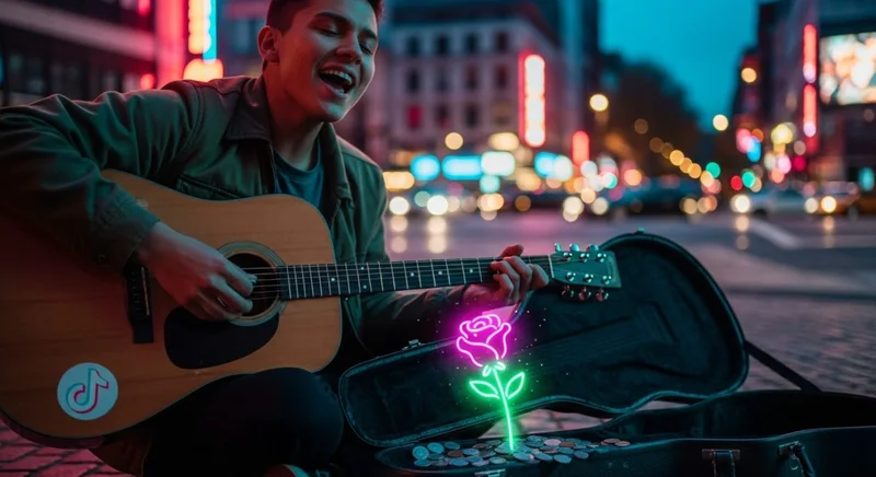 Músico callejero joven tocando guitarra con logo de TikTok visible