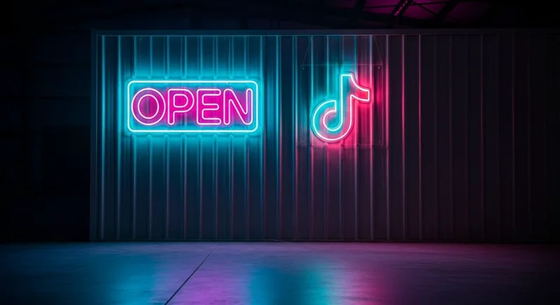 Neon OPEN y logo TikTok en fachada de tienda moderna