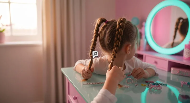 Niña en tocador pastel coletas estilo TikTok con clips brillantes