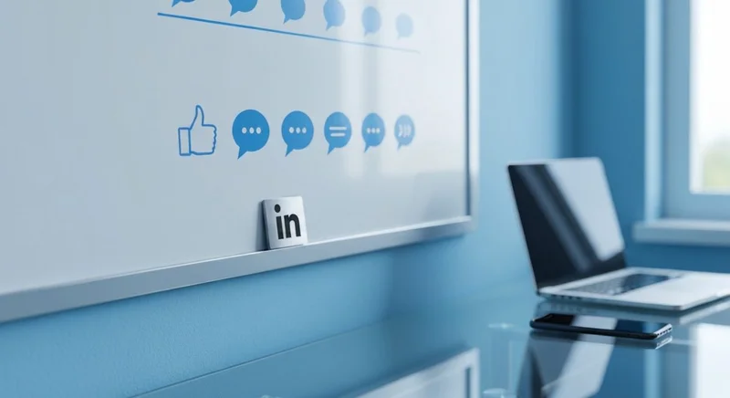 Oficina minimalista con pizarra blanca iconos azules y placa LinkedIn