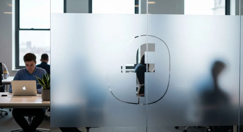 Oficina moderna con pared de vidrio esmerilado y logo Facebook.