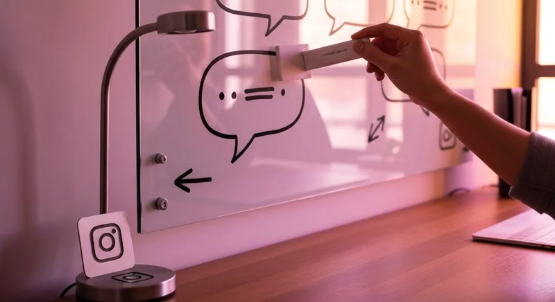 Oficina moderna en casa con pizarra de vidrio y logo Instagram