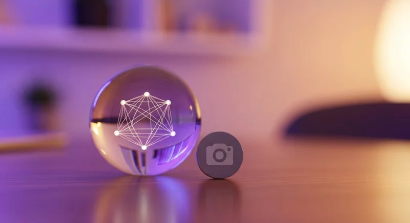 Orbe de vidrio sobre escritorio de madera con disco logotipo