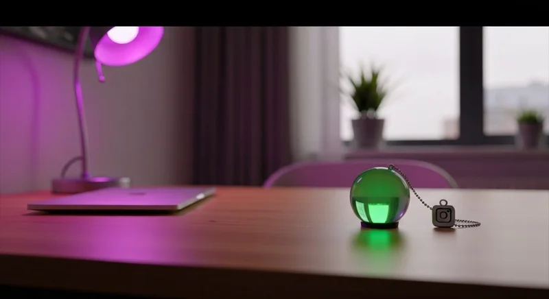 Orbe de vidrio verde brillante junto al glifo de Instagram en escritorio