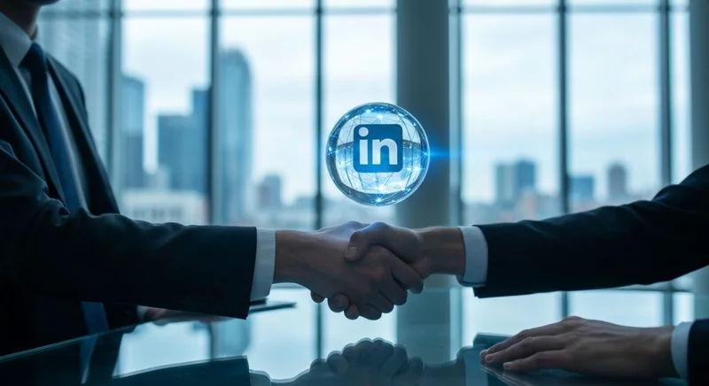 Orbe transparente con logo LinkedIn grabado borde iluminado entre profesionales