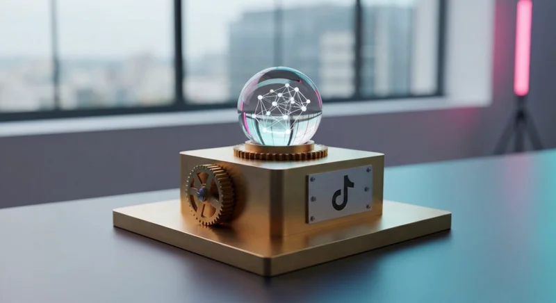 Panel de bronce con orbe y nodos luminosos logo TikTok