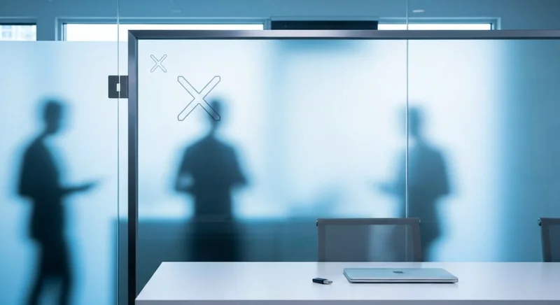 Panel de vidrio esmerilado en oficina minimalista con logo X