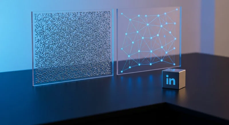 Paneles acrílicos translúcidos sobre escritorio negro minimalista con logotipo LinkedIn