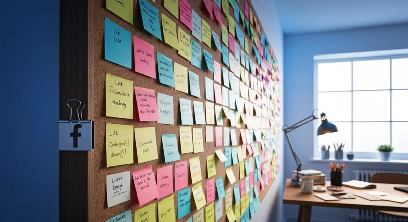 Pared de notas adhesivas codificadas por color con logo Facebook