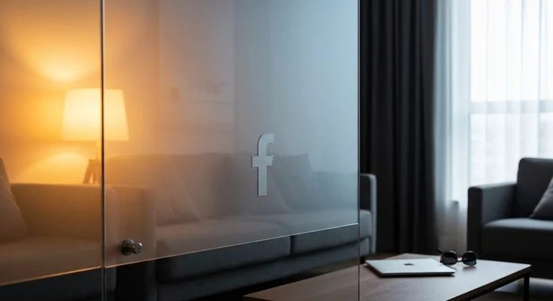 Partición de vidrio esmerilado en sala moderna con Facebook grabado
