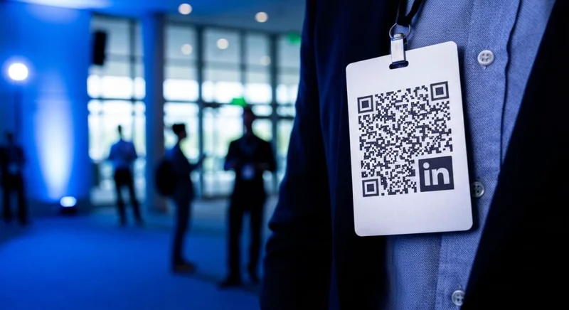 Participante de conferencia con insignia LinkedIn grabada y código QR