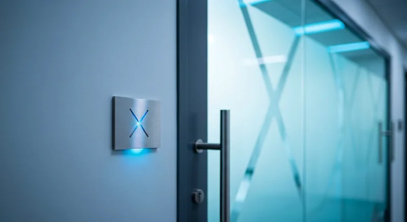 Pasillo corporativo con puerta de cristal esmerilado y logotipo X