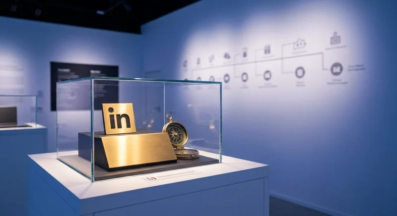 Pedestal expositivo blanco con logo LinkedIn junto a compás vintage