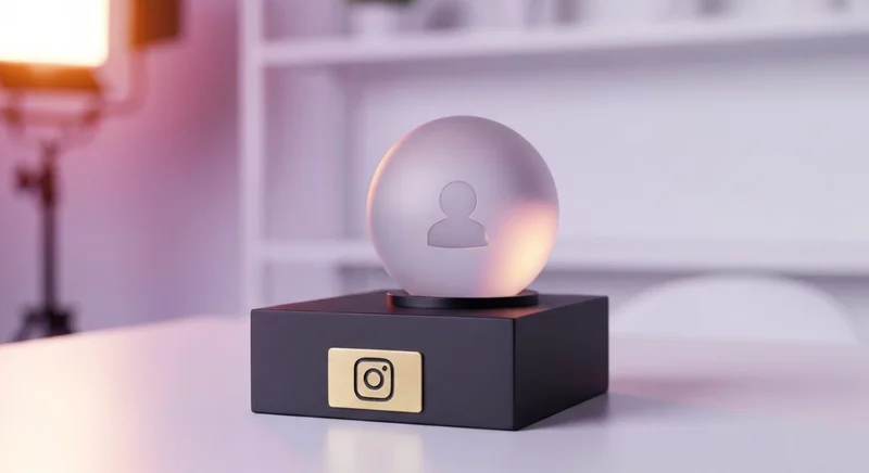 Pedestal negro minimalista con orbe de vidrio y logo Instagram