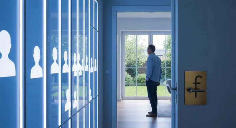 Persona adulta solitaria de espaldas en puerta minimalista mirando jardín