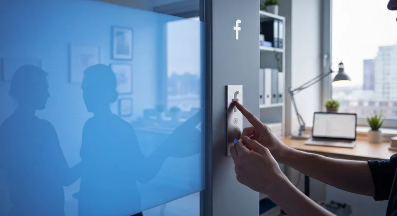 Persona ajustando panel de privacidad frente a logotipo de Facebook