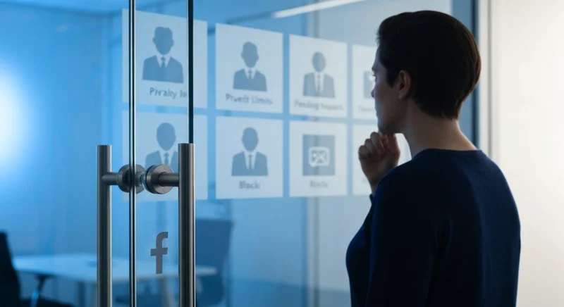 Persona ante vidrio minimalista en oficina con logo Facebook