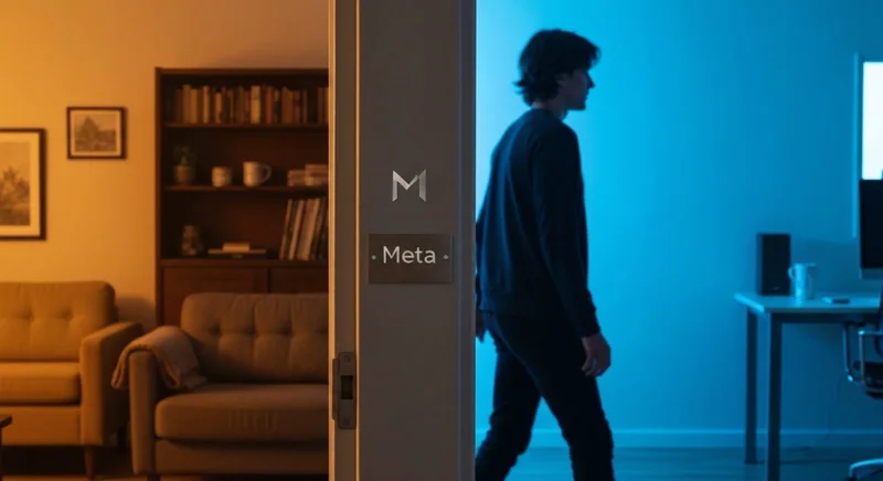 Persona atraviesa puerta que separa sala nostálgica y metaverso Meta