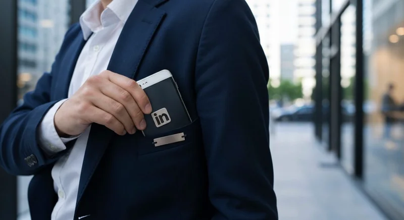 Persona blazer azul marino introduce smartphone bolsillo interior insignia LinkedIn