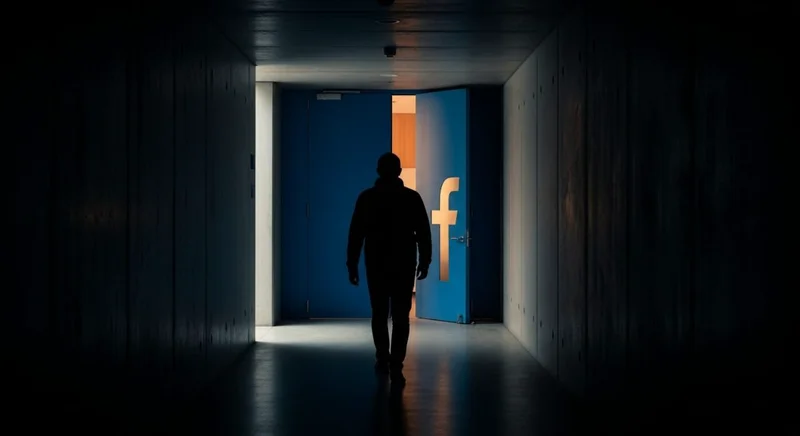 Persona caminando por pasillo de concreto hacia puerta azul Facebook