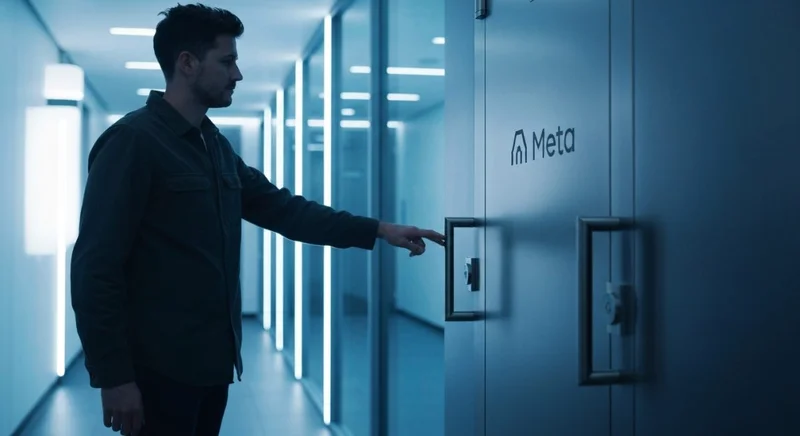 Persona casual frente a puerta de bóveda con logo Meta